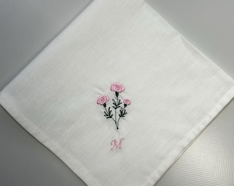 Carnations Personalised Handkerchief - Embroidered Cotton Hanky - Keepsake Gift