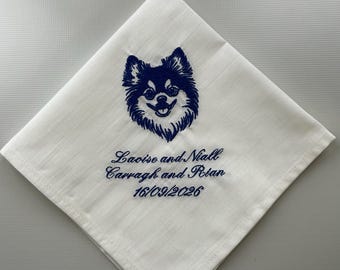 Pomeranian Dog personalised embroidered ivory cotton handkerchief, Font 10