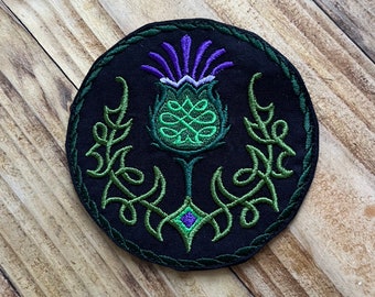 Thistle embroidered black sew on patch