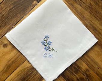 Vergeet-mij-niet aangepaste zakdoek, gepersonaliseerde zakdoeken, witte katoenen zakdoek, gedenkwaardige zakdoek, geborduurde bloemen, cadeau idee