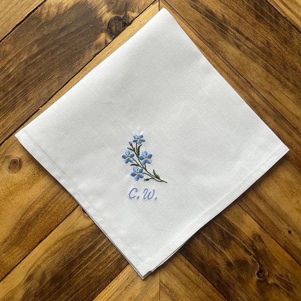 Forget-me-not custom handkerchief, Personalised handkerchiefs, White cotton hanky, Memorable handkerchief, Embroidered flowers, Gift idea