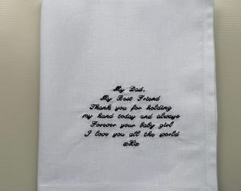 Small writing font - Custom embroidered handkerchief - Wedding keepsake - Horizontal layout - longer personalised phrase