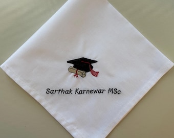 Graduation hat personalised embroidered white cotton handkerchief