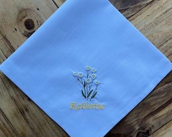 Daisies custom handkerchief, Daisy personalised handkerchief, White custom hanky, Memorable handkerchief, Embroidered flowers, Gift idea