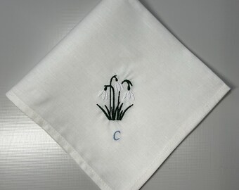 Snowdrops Embroidered Handkerchief, Personalised Ivory Cotton Hanky