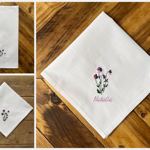 Violet custom handkerchief, Violet personalised handkerchief, White custom hanky, Memorable handkerchief, Embroidered flowers, Gift idea