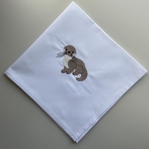 Otter embroidered  handkerchief, Handkerchief, White cotton hanky, Otter gift idea, Embroidered Otter, Gift idea, Otter