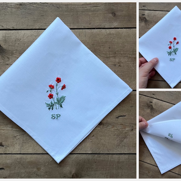 Poppies custom handkerchief, Poppies Personalised handkerchief, Custom hanky, Memorable handkerchief, Embroidered poppies, Gift idea