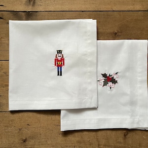 Embroidered Christmas Napkins: Nutcracker, Holly Leaf - cotton napkins