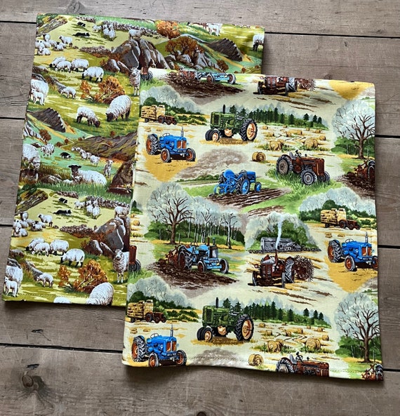 Tractor and Sheep Print Tea Towel, Country Cotton Kitchen Decor