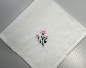 Carnations Embroidered Cotton Handkerchief, Flowers Gift