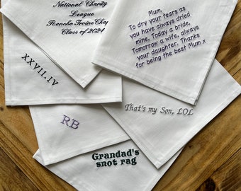 White cotton handkerchief, Embroidered handkerchief, Custom hanky, Personalised handkerchiefs, Memorable handkerchief