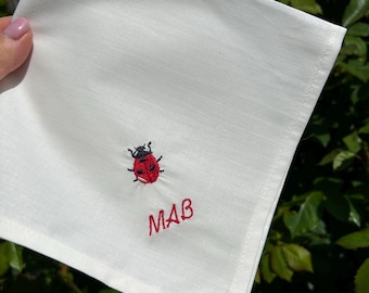 Ladybird custom embroidered ivory cotton handkerchief