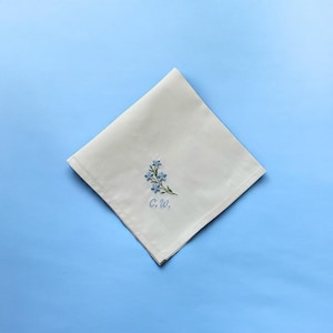 May include: A square white handkerchief featuring an embroidered design of small blue flowers with green stems and leaves. Below the floral motif, the initials C.W. are embroidered in a matching light blue script font on the fabric surface.
