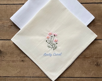 Flowers custom handkerchief, Flowers Personalised handkerchief, Ivory custom hanky, Memorable handkerchief, Embroidered flowers, Gift idea