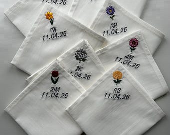 Birthday Flowers - Personalised Embroidered Cotton Pocket Square - Custom Wedding Hanky - Keepsake Gift
