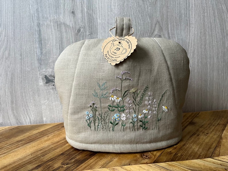 Tea cosy, Embroidered meadow flowers tea cozy, Large Tea cosy, New home gift idea, Large Teapot warmer, Christmas gift idea image 4