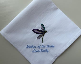 Dragonfly Bespoke Embroidered Handkerchief, Personalised Cotton Hanky
