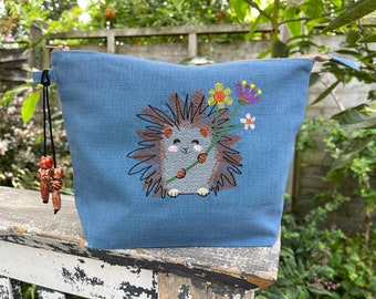 Embroidered Hedgehog Wash bag, Makeup bag, Travel bag, Cosmetic and Toiletry storage. Hedgehog gift idea, Hedgehog cosmetic and Toiletry bag