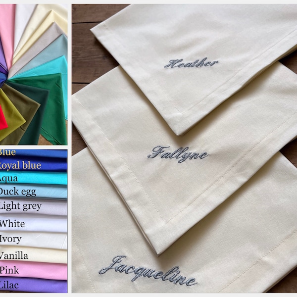 Customised Cotton napkins, Wedding embroidered napkins, Monogrammed napkins, Personalised embroidered napkins, Range of colours napkins