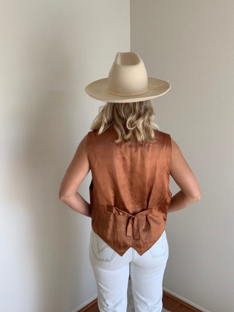 Western leather vest 1980\u2019s mona mode brown vintage snap buttons back tie pockets western boho hippy hippie