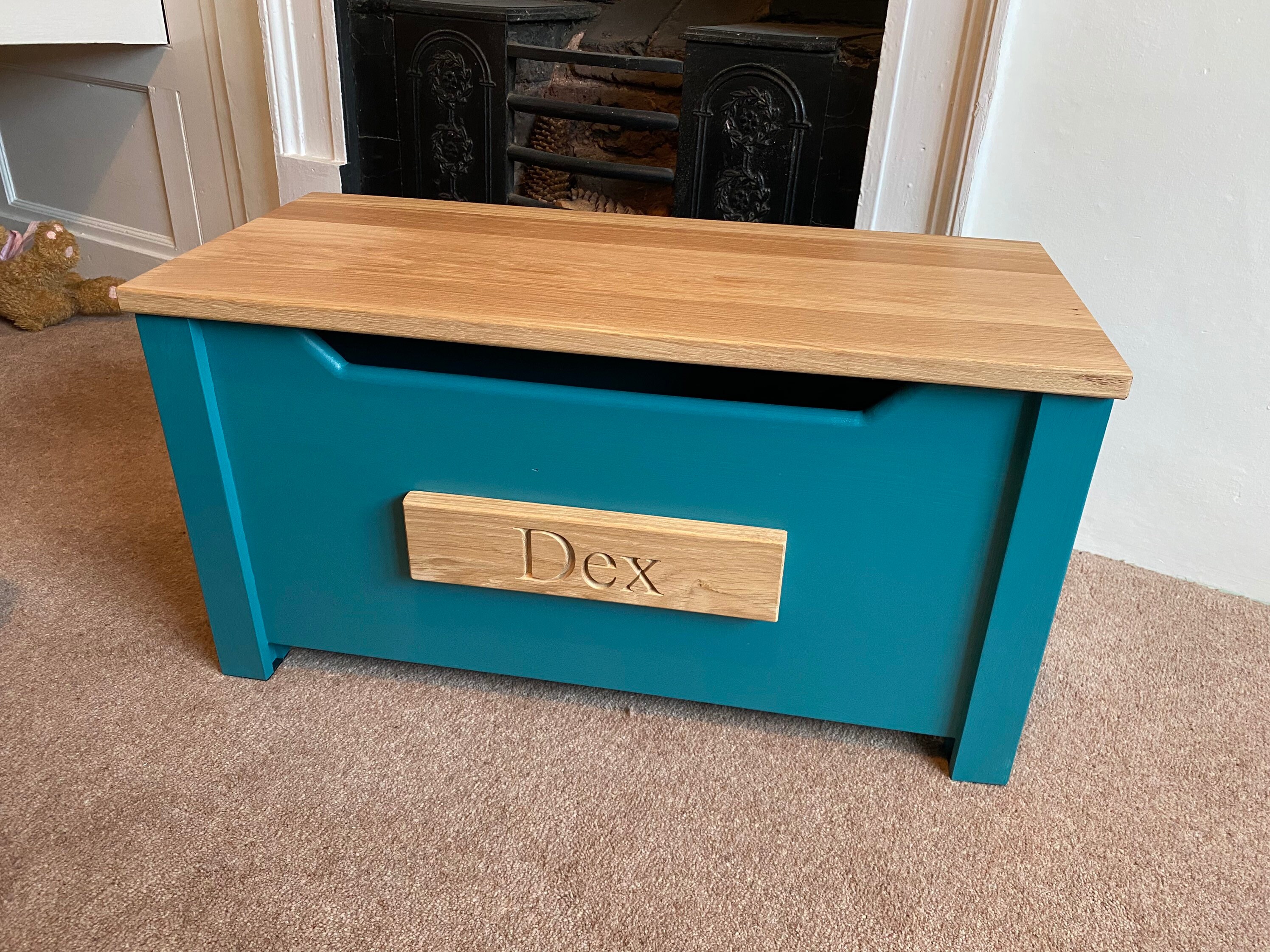 Handmade personalised childrens oak topped toy box colour | Etsy