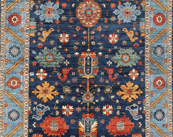 6x9 Navy Blue Tribal Area Rug Wool Natural Colors, 6'3x8'10 Ft Hand