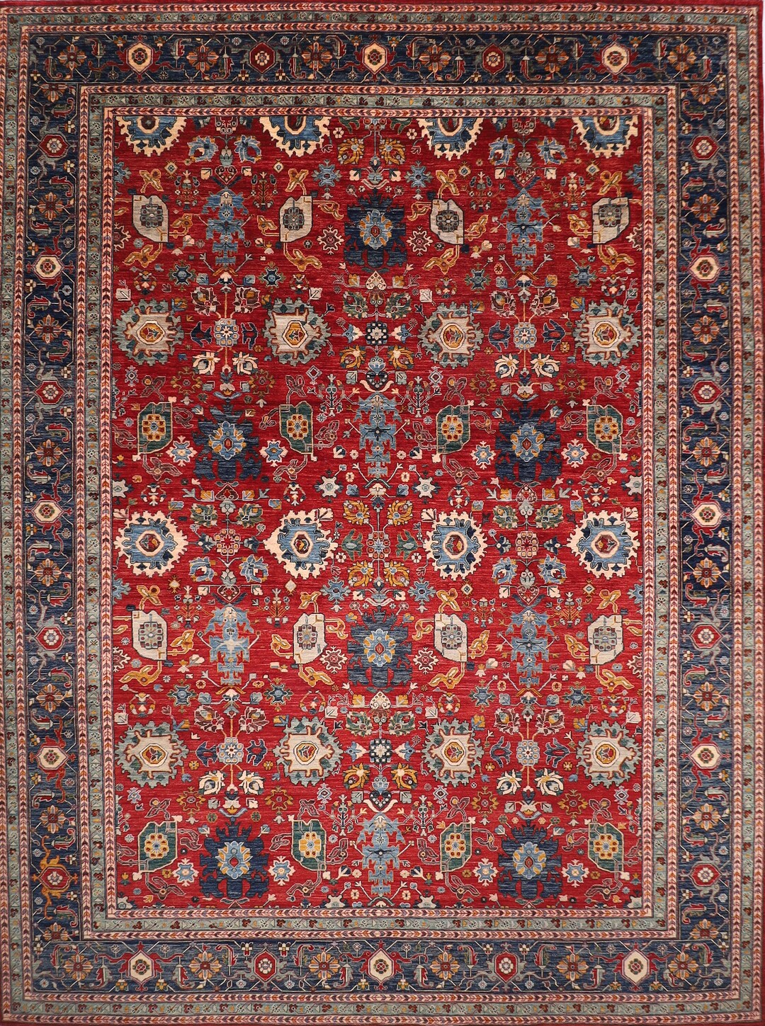 12x15 Ft Tribal Red Blue Area Rug, 12'2x14'11 Ft 100 Wool Hand Knotted