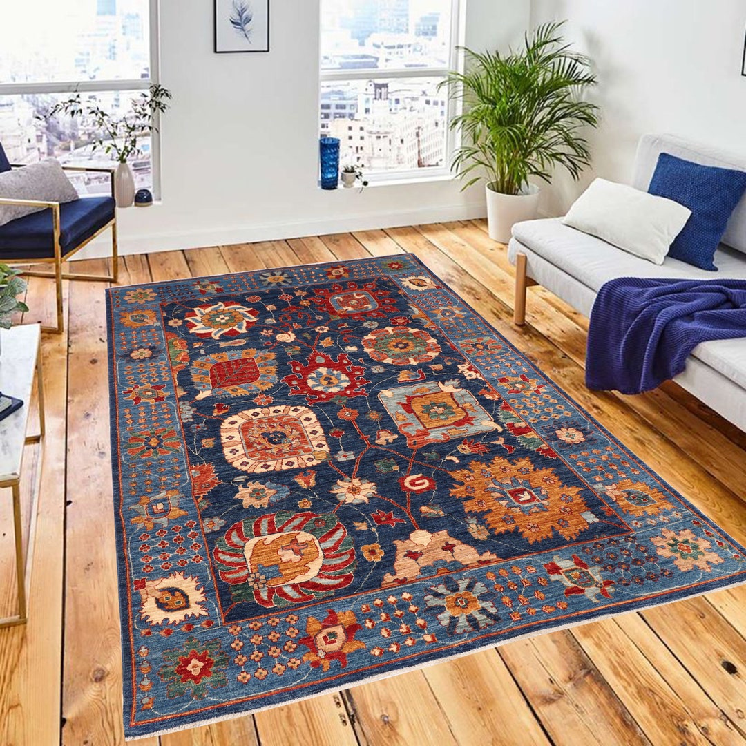 5x8 Ft. Navy Blue Oriental Area Rug, Hand Knotted Rug, Rug for Living