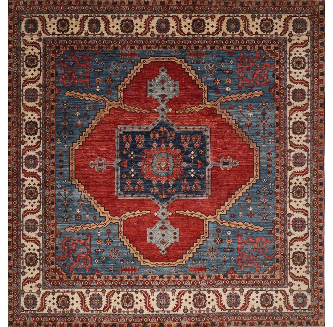 Heriz 10x10'6 Ft Square Size Rug Wool Vegetable Dye Afghan Hand Knotted Traditional Living Room