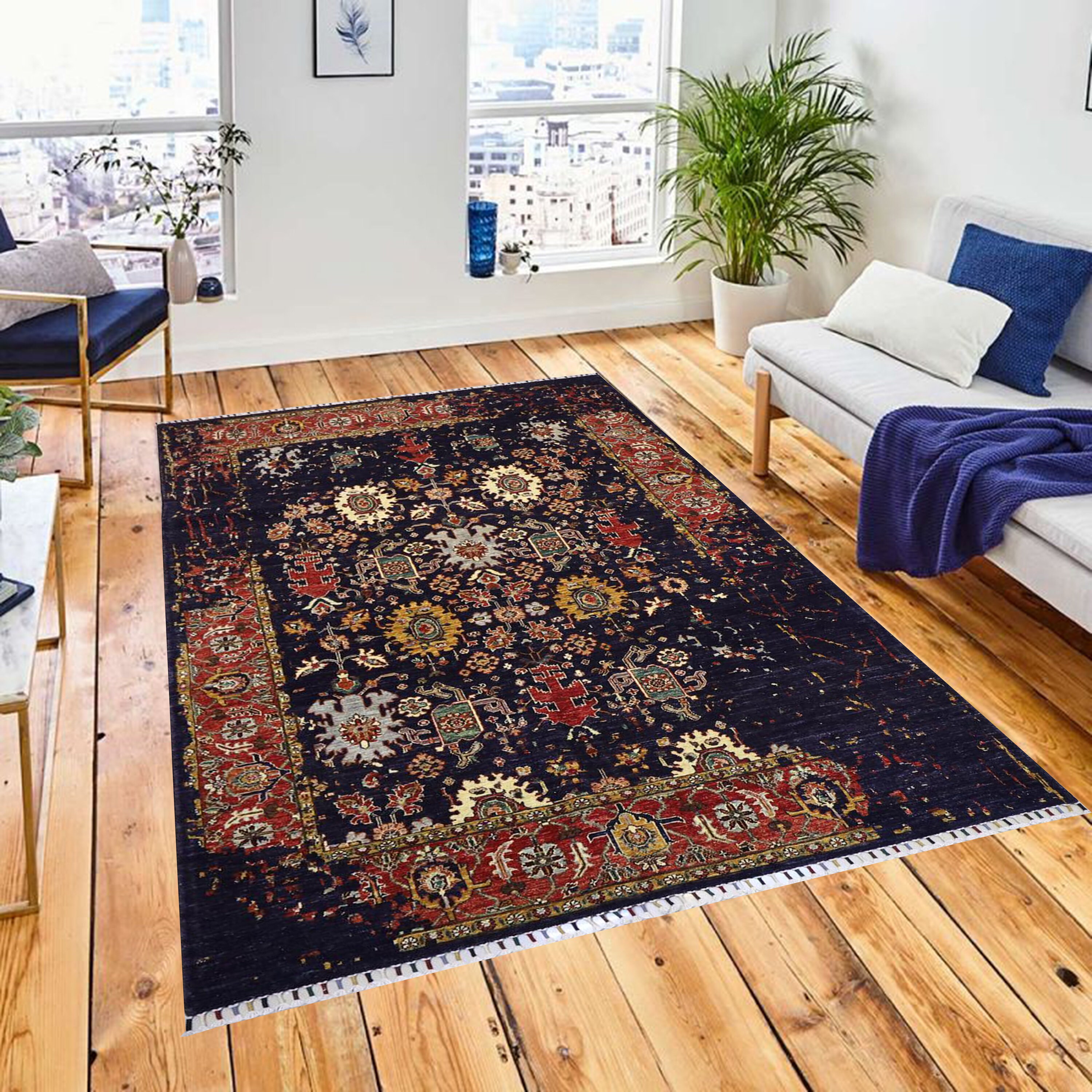 Handmade 5.8x8 Abstract Navy Blue Rug Wool Natural Colors Etsy UK