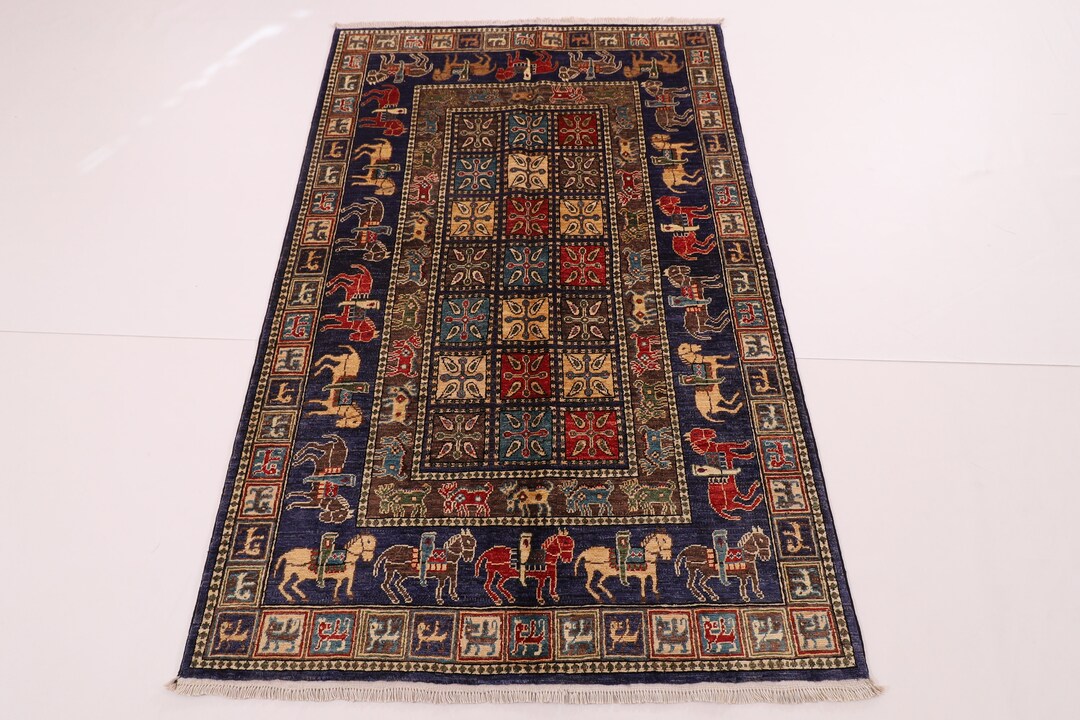 Fine 4x6 Ft Pazyryk Navy Blue Rug, 4x6'2 Hand Knotted Rug, Rug for