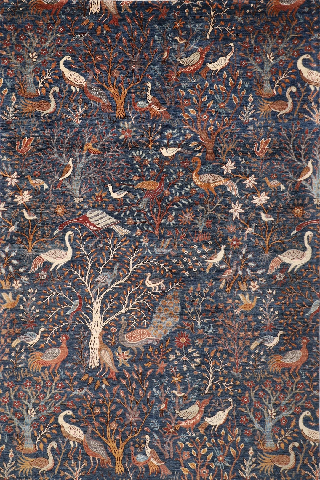 7x10 Birds Area Rug 6'7x 9'9 Ft Navy Blue Color Afghan Hand Knotted