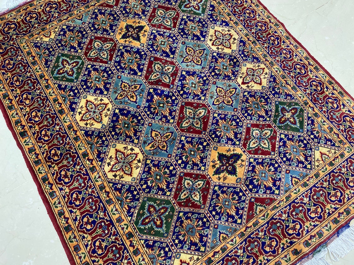 Navy Multi Color 5x6.3 ft Area Rug Afghan Hand Knotted Rug Etsy