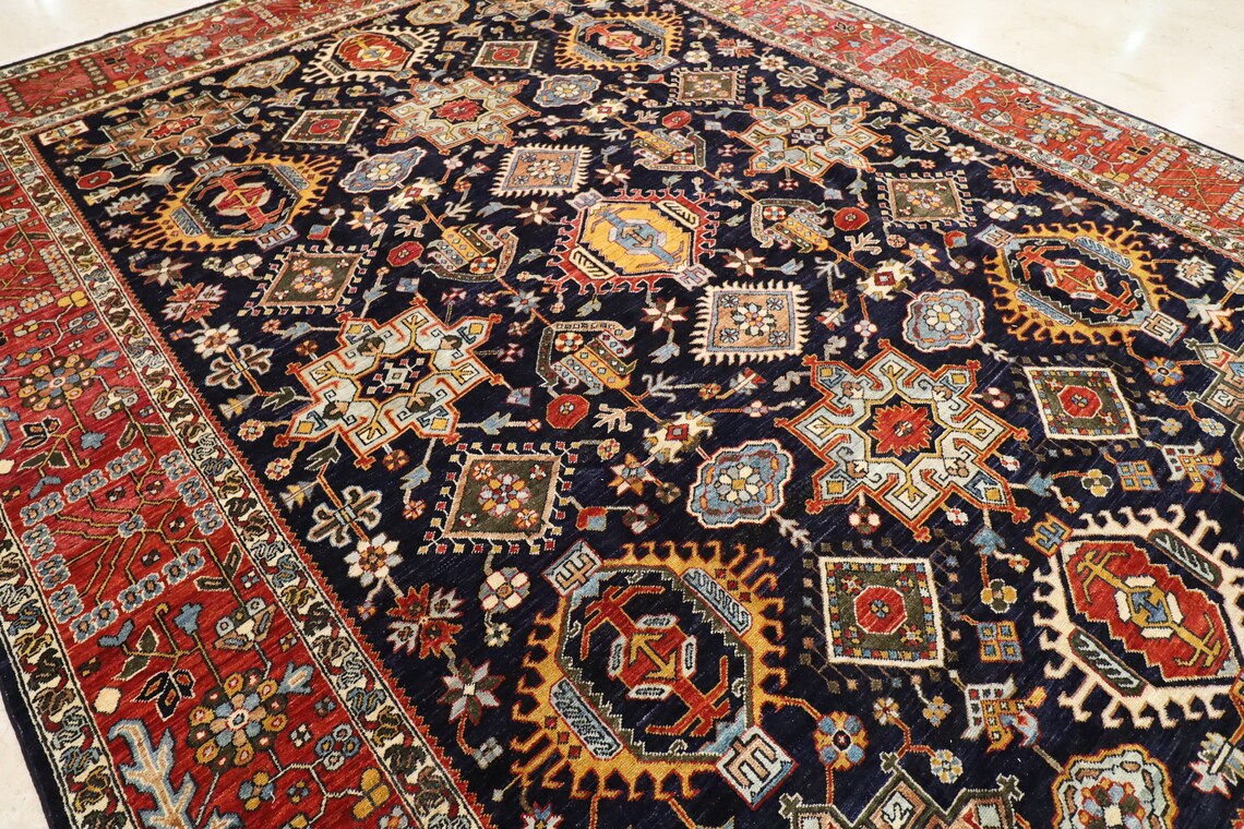 9x12 Navy Blue Area Rug Wool Natural Colors Afghan Hand Etsy