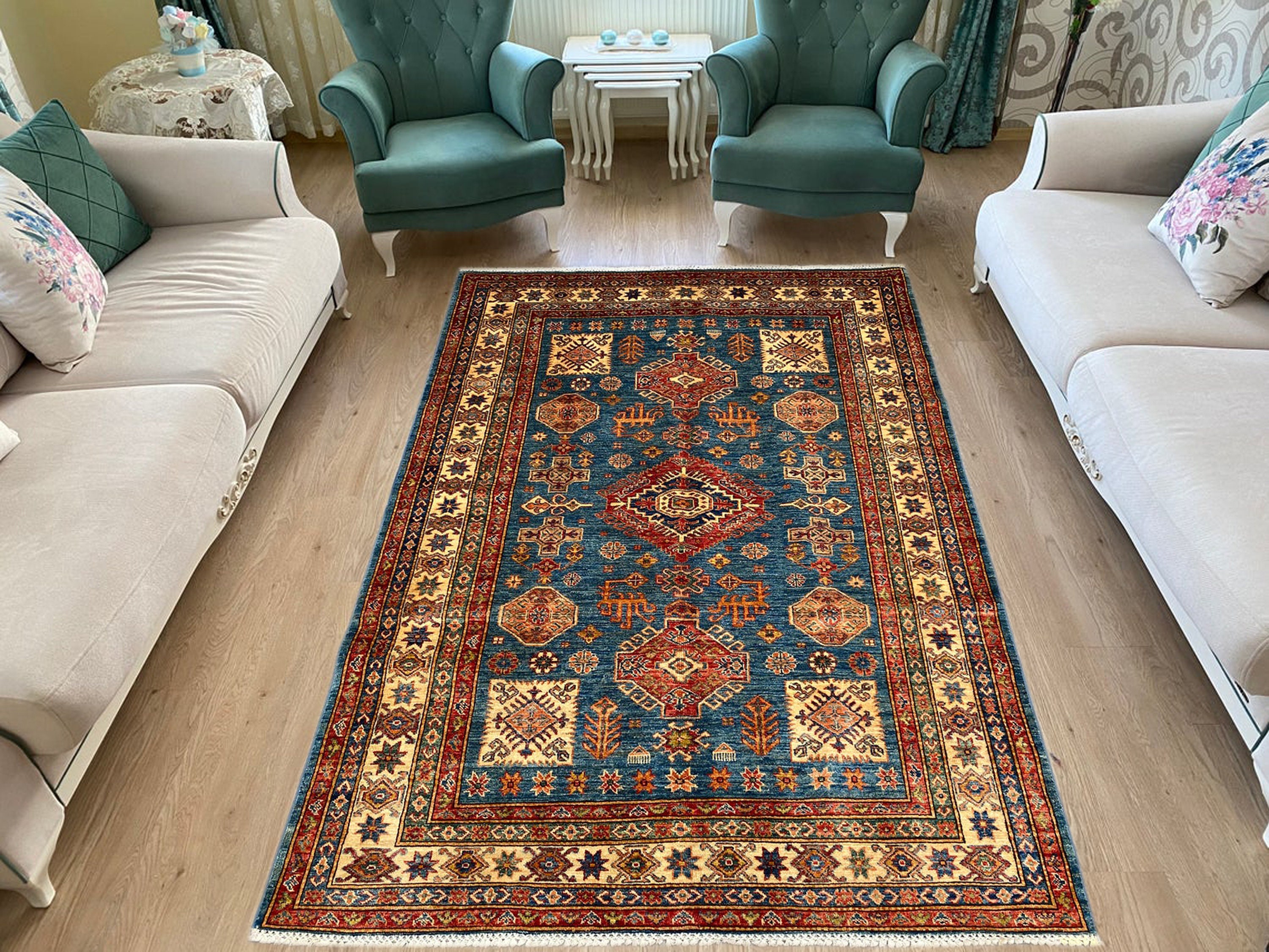 Blue Kazak Rug 5'6x7'6 Ft Area Rug Afghan Hand Etsy