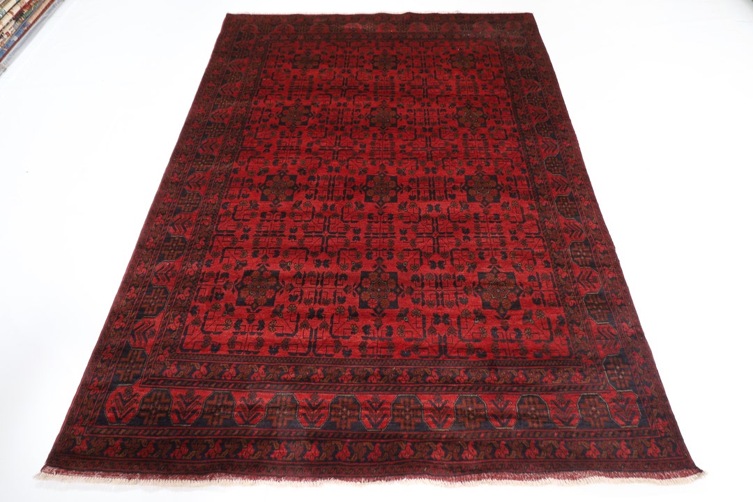 6x8 Ft Tribal Red Area Rug, Afghan Hand Knotted Wool Dye Rug, Bedroom ...