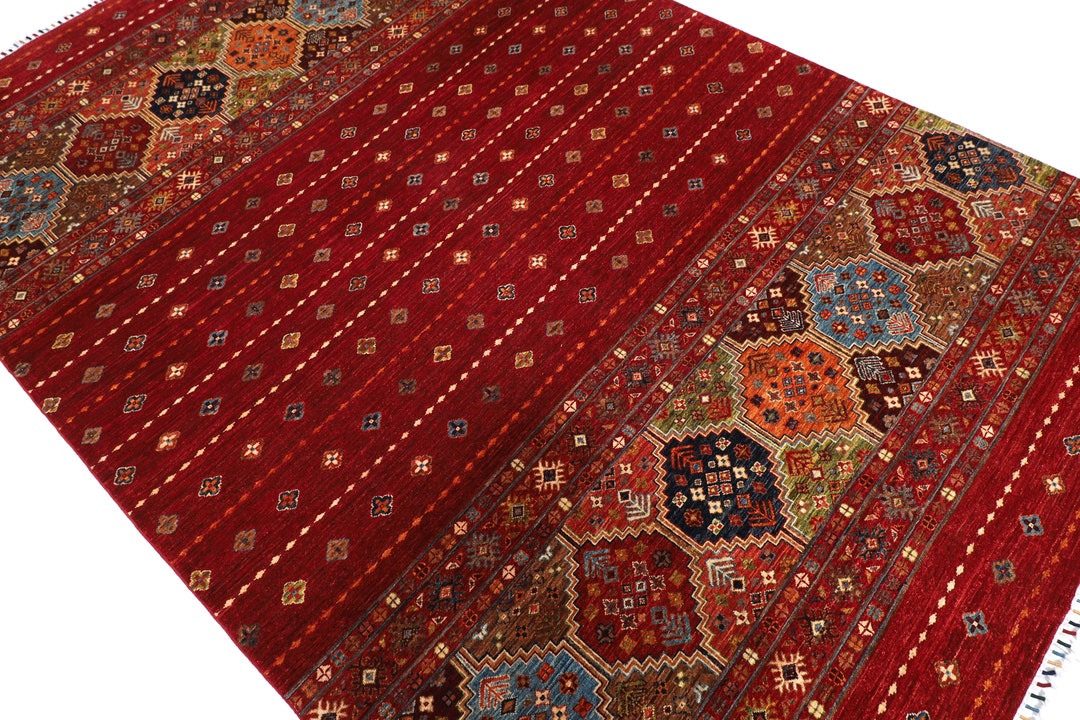 7x10'5 Ft. Red Tribal Area Rug, Hand Knotted 100 Wool Dye Rug, Bedroom