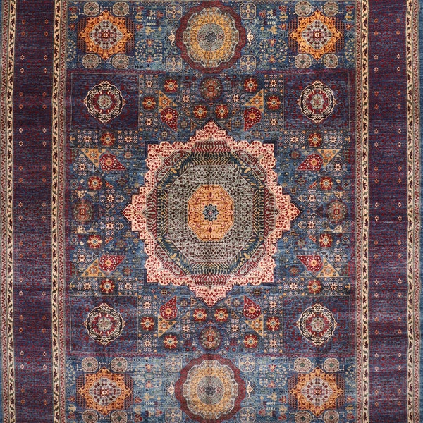 Navy Blue 12x15 ft Mamluk Area Rug Wool Natural Colors Afghan | Hand Knotted Afghan Traditional Living Room | Afghan Rug | Medallion Rug