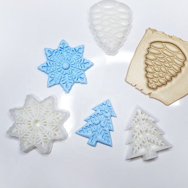 Christmas Polymer Clay Cutters - Polymer Clay Earring Cutters, Embossin tree cutter, Embossing Pine Cone cutter, Embossing snowflake cutter
