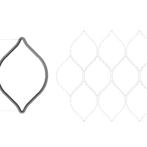 May include: A black and white line drawing of a teardrop-shaped design. The design is repeated in a grid pattern.