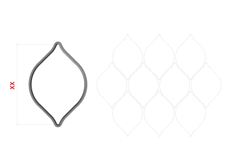 May include: A black and white line drawing of a teardrop-shaped design. The design is repeated in a grid pattern.