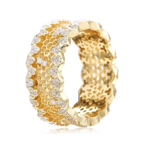 Honeycomb Ring Italy Jewelry Gold Lace Ring 18k Gold Plated Over Silver 925 /& 5A Zircon Handmade Lace Carved Ring Gift Idea