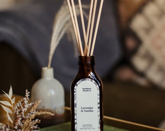 Lavender and Vanilla, Apothecary Bottle Reed Diffuser, Handmade Long Lasting 100ml Room Diffuser, Vintage Style, mantle decor, amber glass