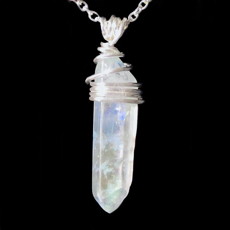 Silver-Plated Wire Aqua Aura Quartz Wire Wrapped Crystal Pendant