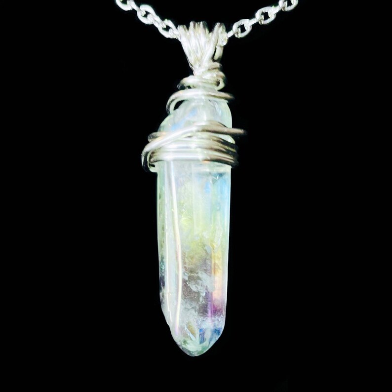 Silver-Plated Wire Aqua Aura Quartz Wire Wrapped Crystal Pendant