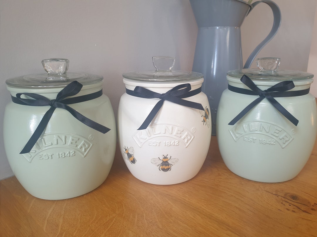 Sage Green and Cream Bees Tea, Coffee and Sugar Pots, Kilner Jars