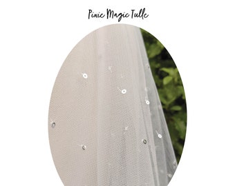 PIXIE MAGIC Hand Beaded Sequin Tulle - Veil Fabric Sample (Ivory & Silver) | CUSTOM Veils Available | Lovingly Handmade in Australia
