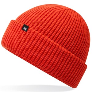 Recycled polyester beanie in fire red with a small black fabric tag on the front left-hand side