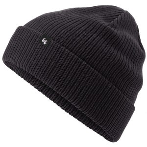 side view of double-layer knit cuffed 100% organic cotton beanie in dark graphite grey